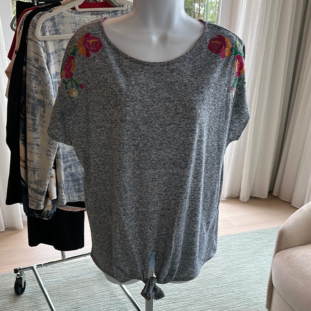 Gray Floral Embroidered Women's Top